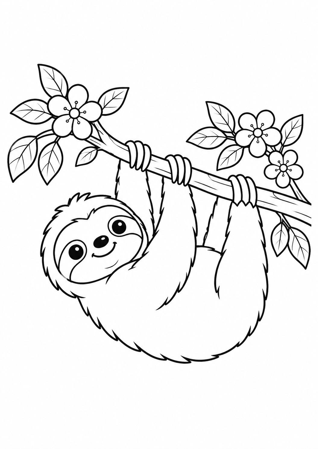 Preguiça pendurada num galho florido, desenho para colorir em A4 retrato