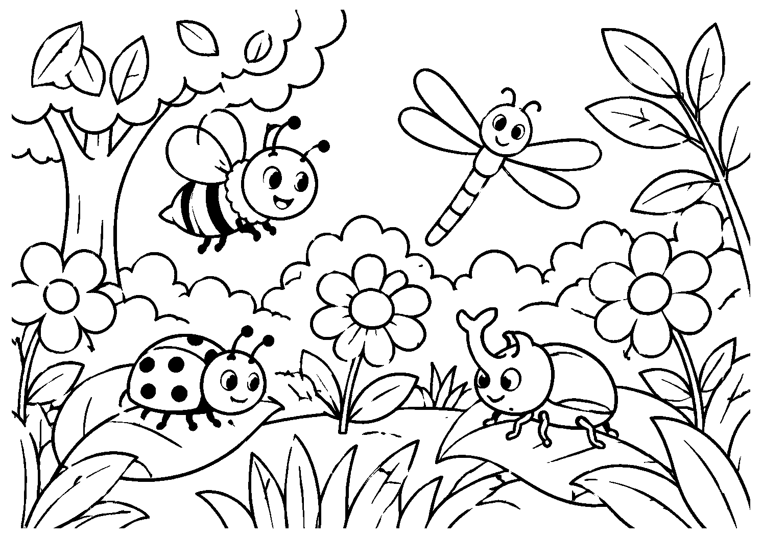 Abelha, joaninha e outros insetos no jardim, desenho para colorir em A4 paisagem