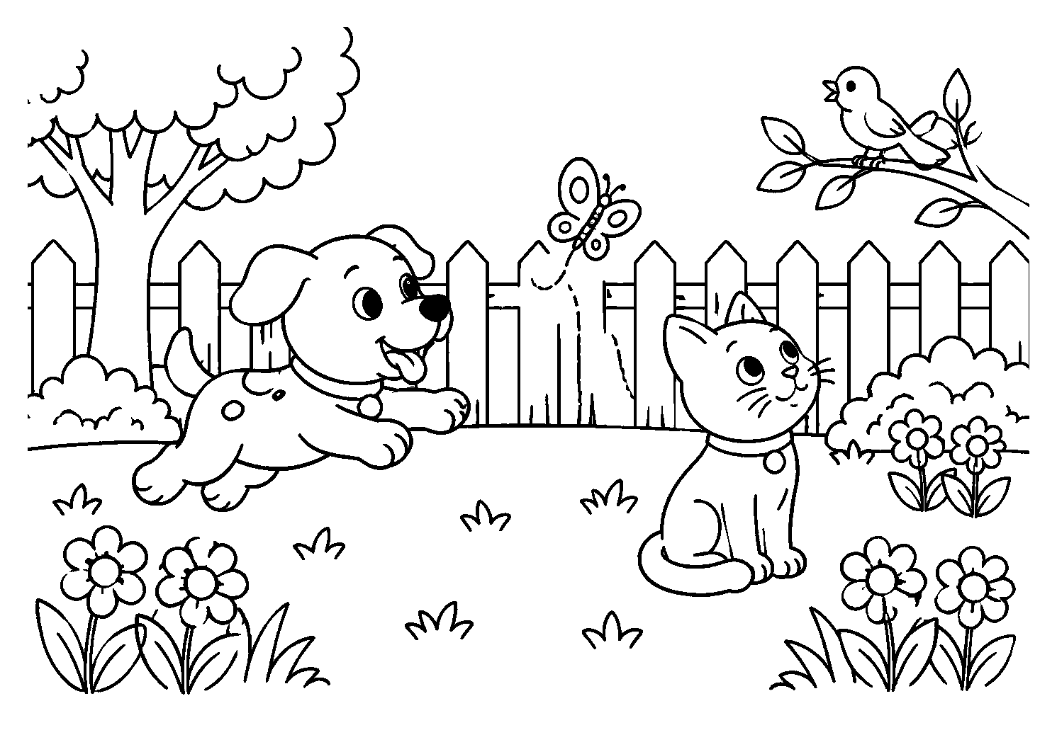 Cachorro e gato com borboleta no quintal, desenho para colorir em A4 paisagem