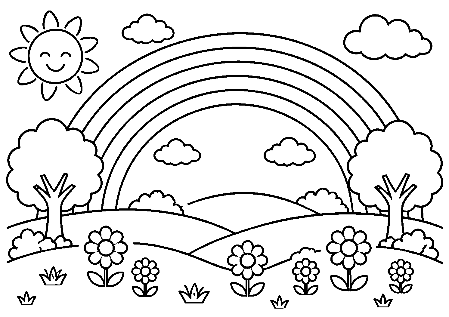 Arco-íris sobre um campo de flores, desenho para colorir em A4 paisagem
