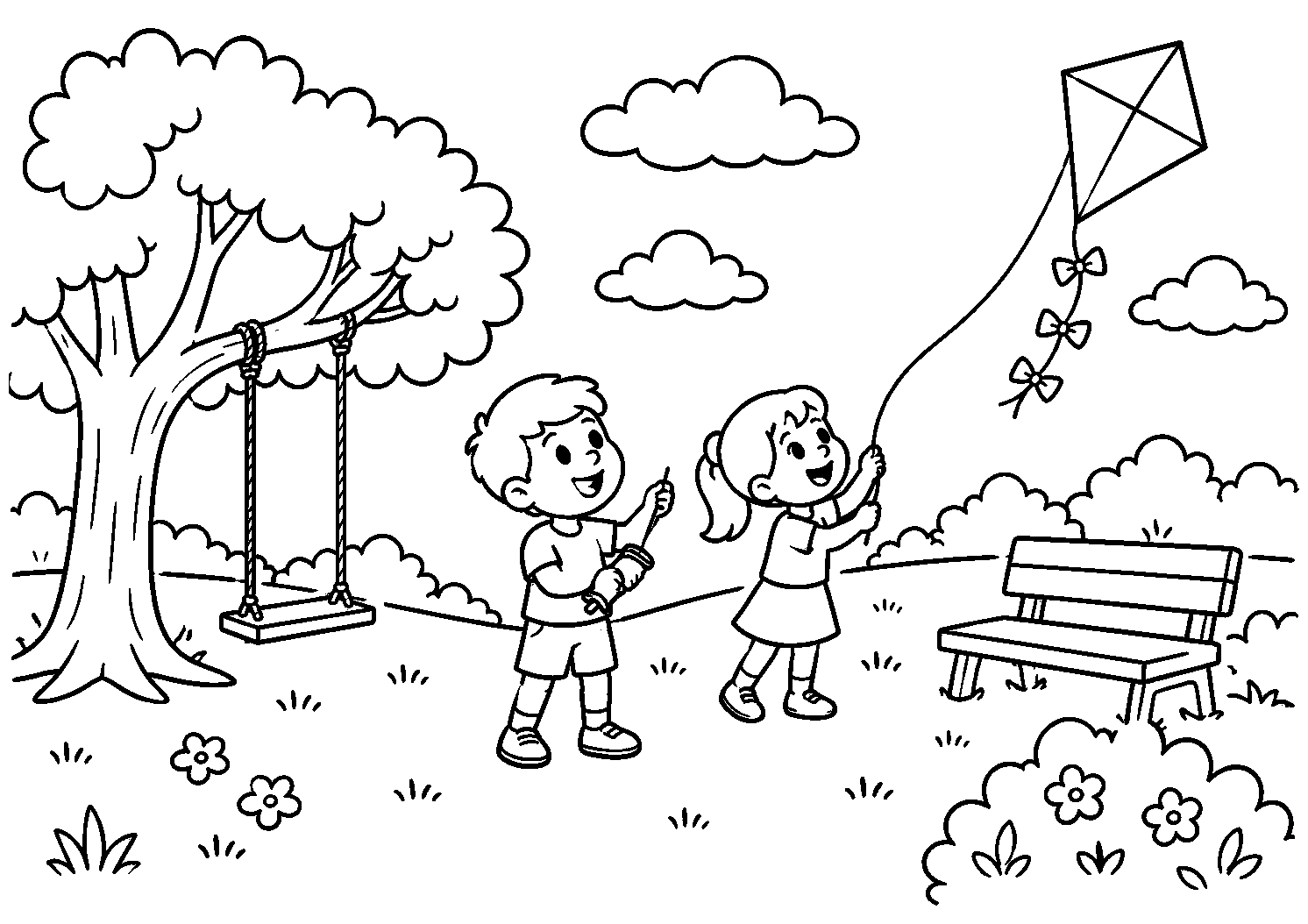 Crianças soltando pipa no parque, desenho para colorir em A4 paisagem