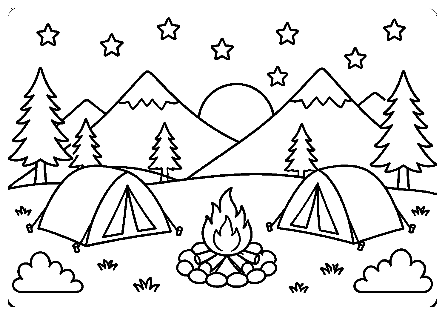 Acampamento com barracas e fogueira nas montanhas, desenho para colorir em A4 paisagem