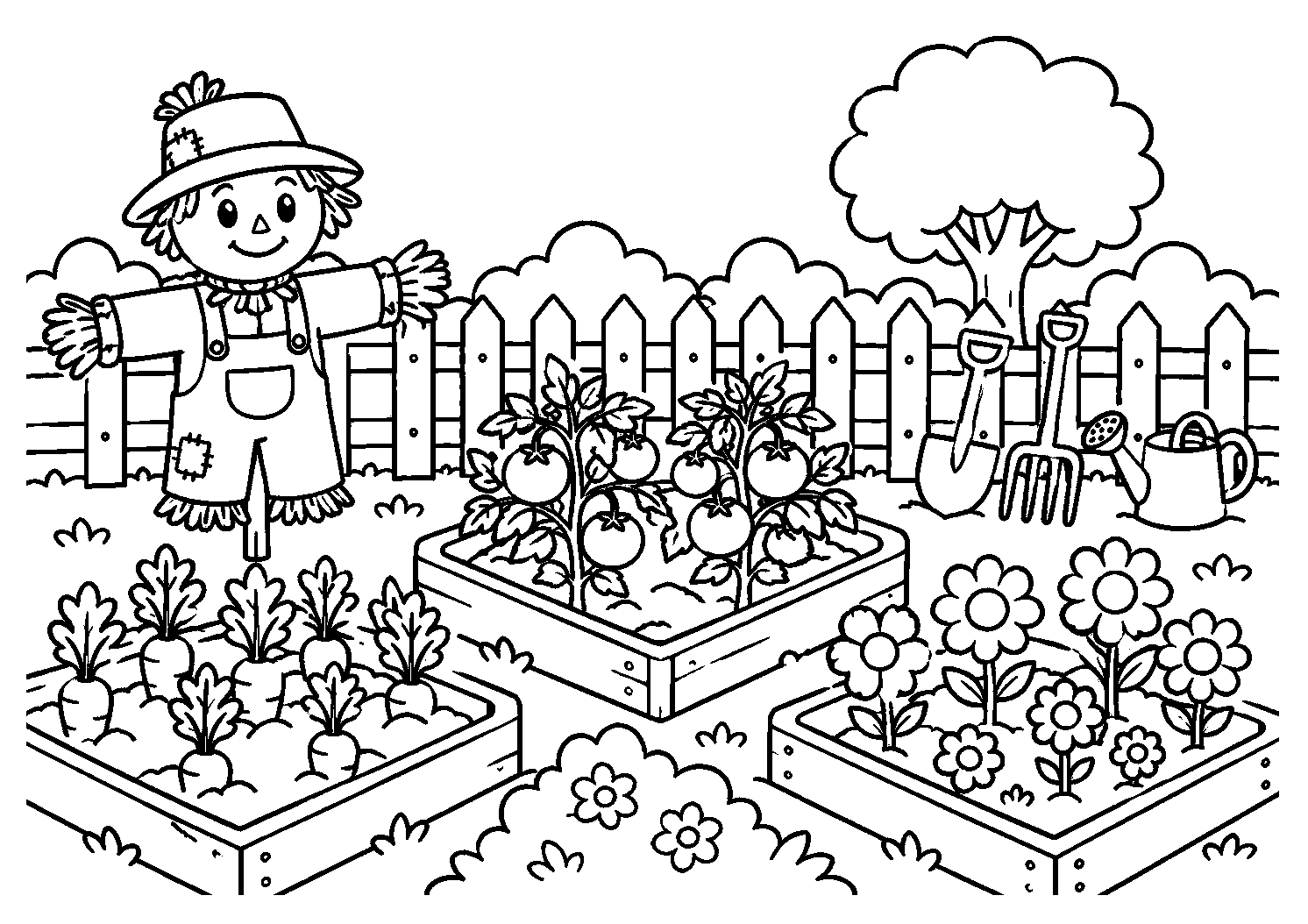Horta com espantalho, cenouras e tomates, desenho para colorir em A4 paisagem