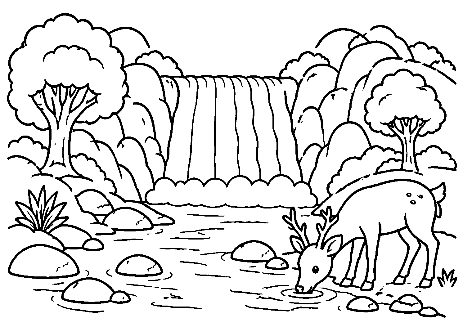 Cervo bebendo água perto da cachoeira, desenho para colorir em A4 paisagem