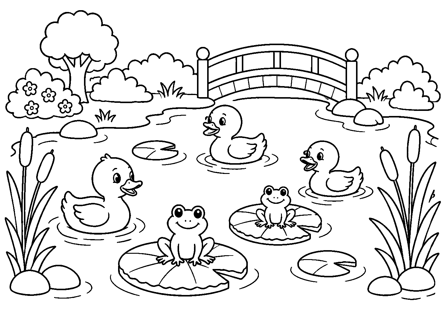 Patos e sapos no lago com ponte, desenho para colorir em A4 paisagem