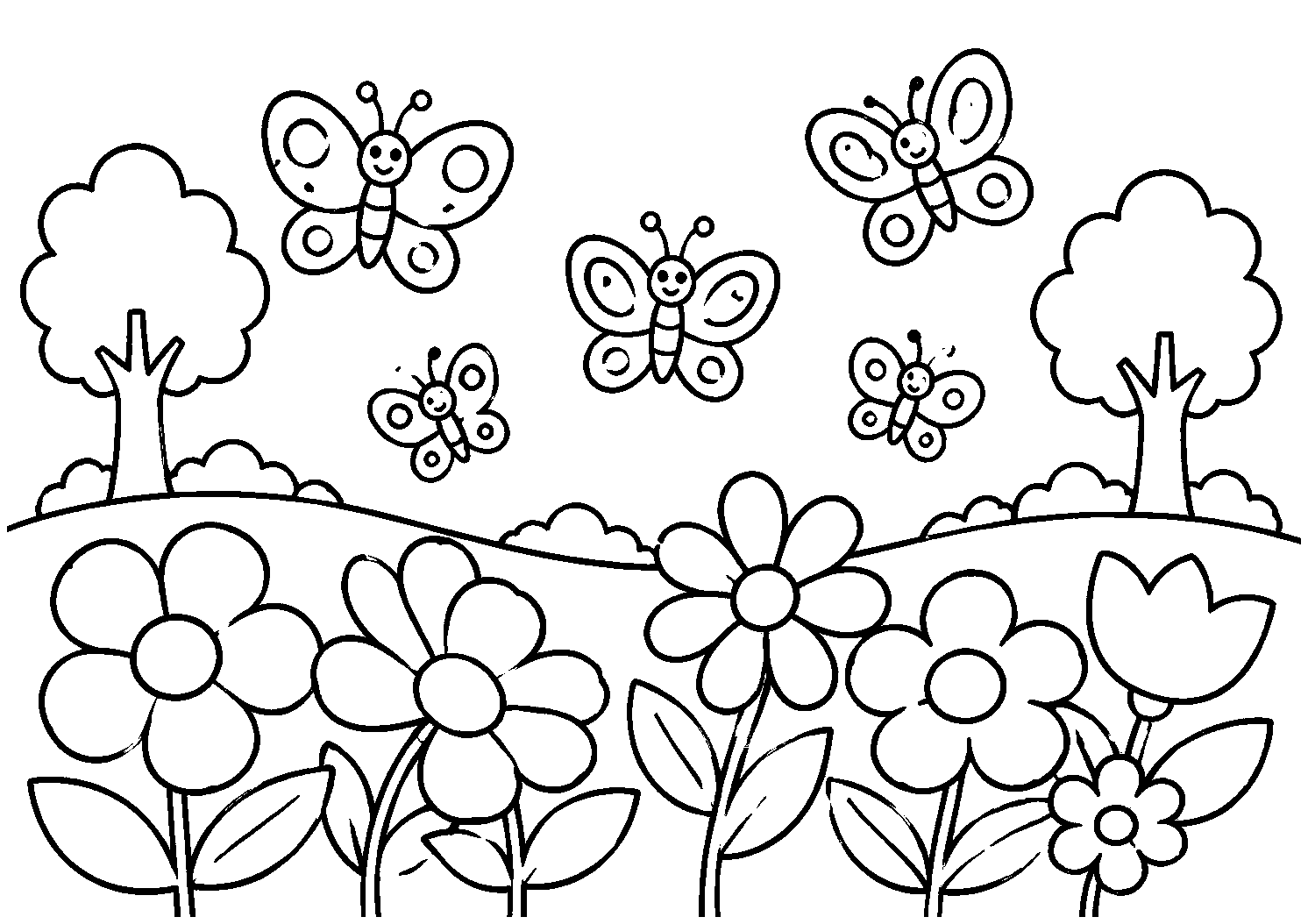Jardim florido com borboletas, desenho para colorir em A4 paisagem