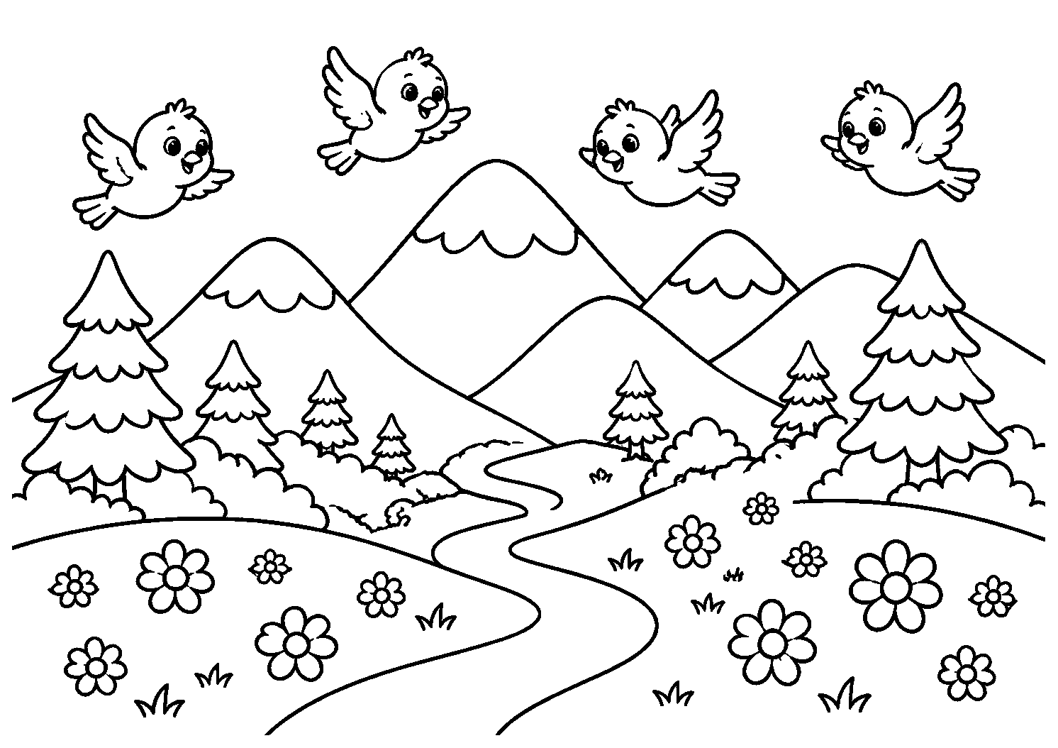Pássaros voando sobre montanhas e um rio, desenho para colorir em A4 paisagem