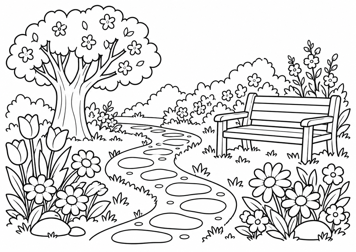 Jardim com caminho sinuoso flores e banco de madeira, desenho para colorir em A4 paisagem