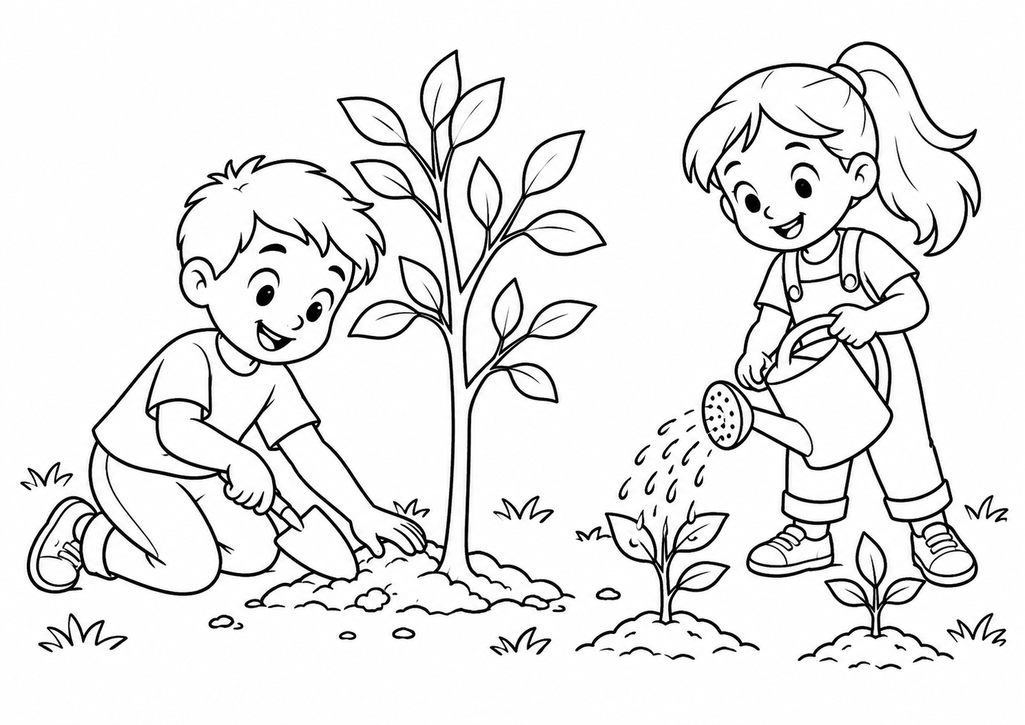 Crianças plantando uma árvore e regando mudas, desenho para colorir em A4 paisagem