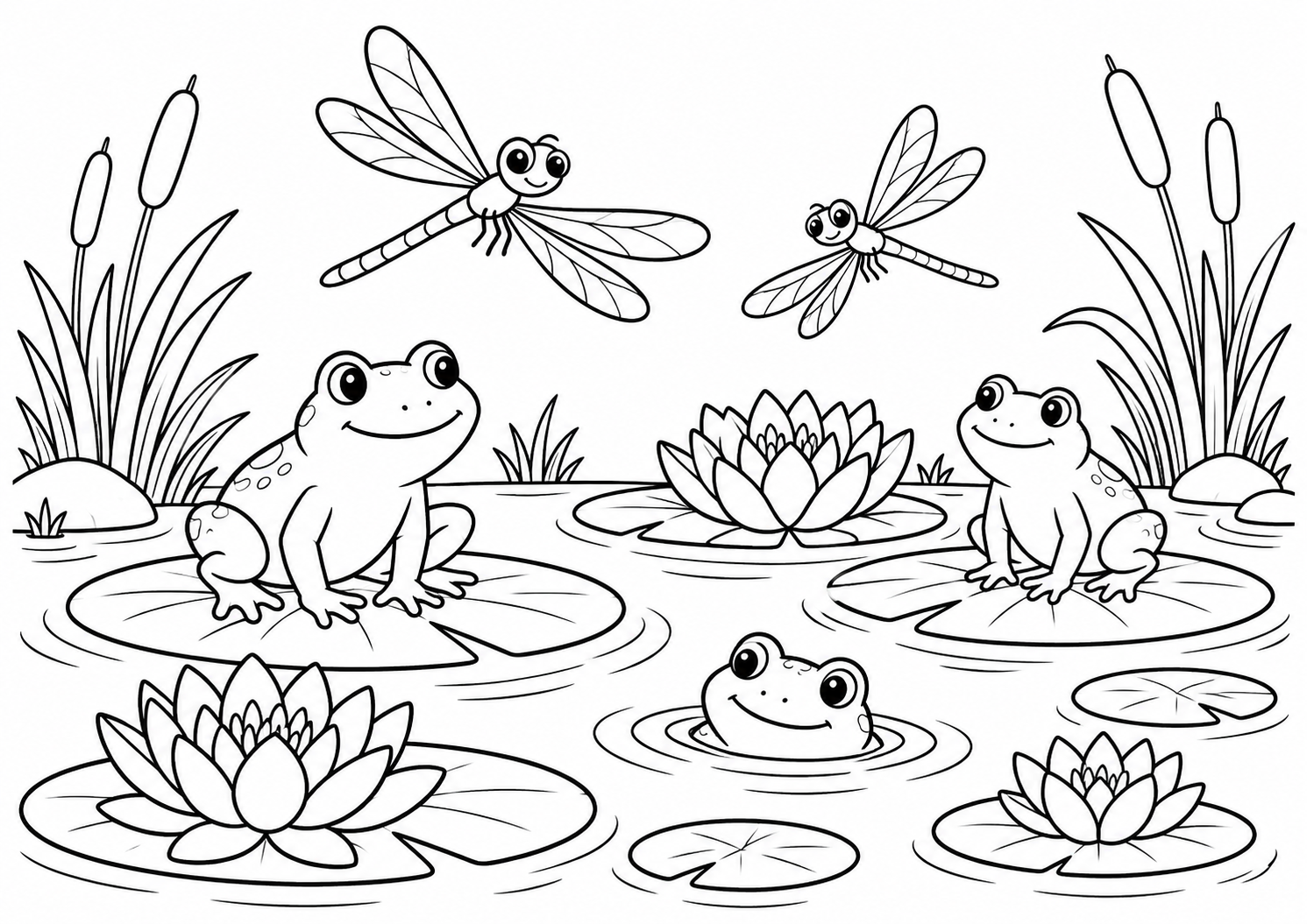 Lago com sapos libélulas e vitória-régia, desenho para colorir em A4 paisagem