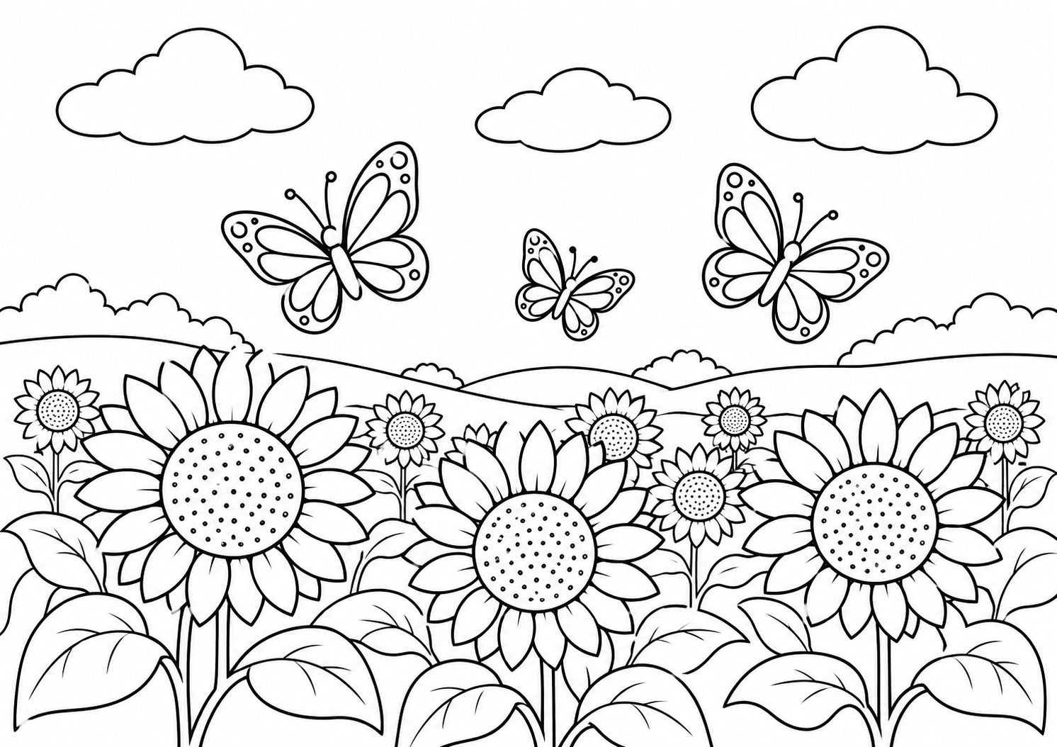 Campo de girassóis com borboletas e nuvens, desenho para colorir em A4 paisagem