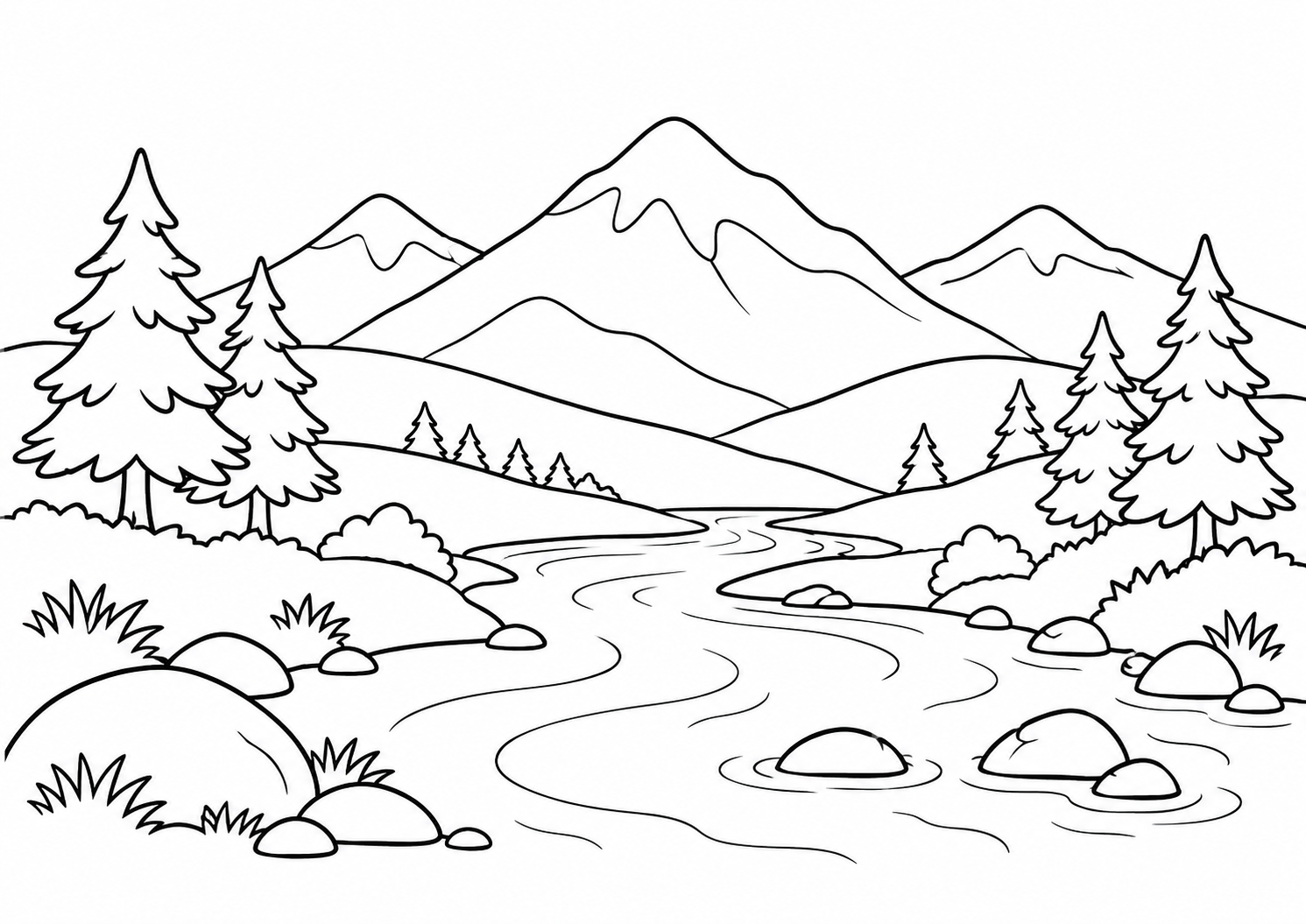 Montanhas suaves com rio e pinheiros, desenho para colorir em A4 paisagem