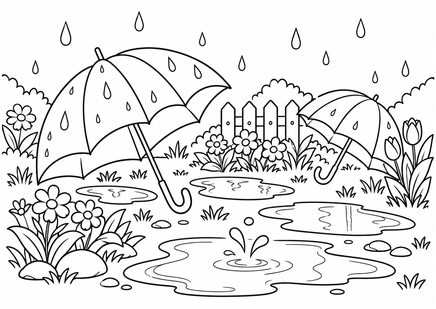 Jardim de chuva com poças e guarda-chuvas sem pessoas, desenho para colorir em A4 paisagem