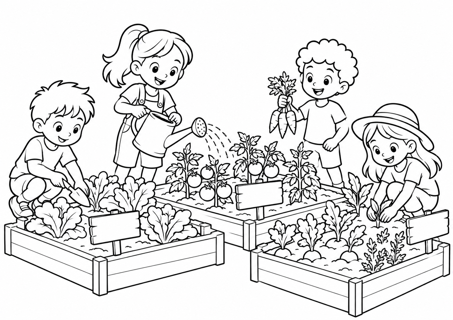 Horta comunitária com crianças e placas, desenho para colorir em A4 paisagem