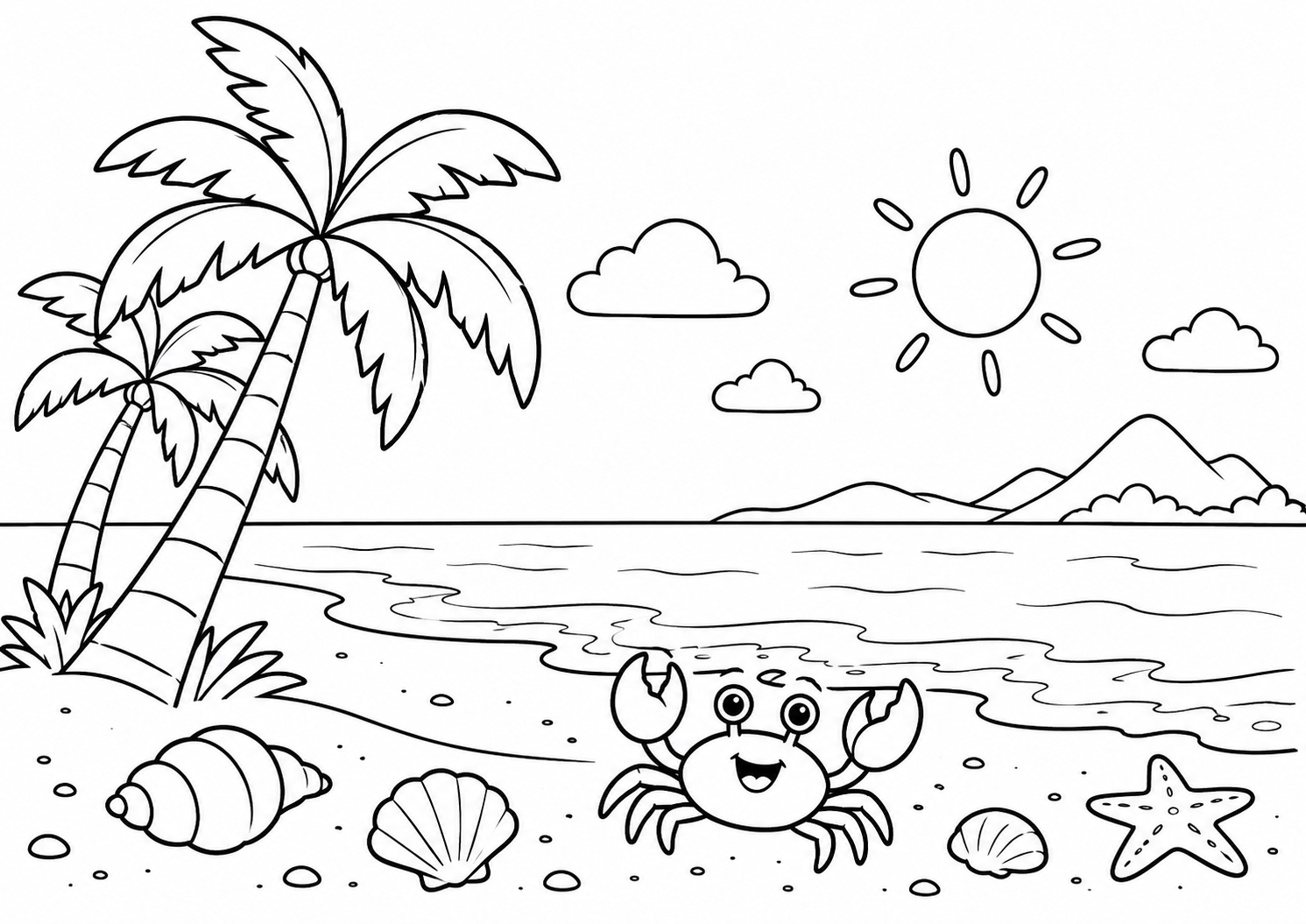 Praia tranquila com coqueiros conchas e caranguejo, desenho para colorir em A4 paisagem