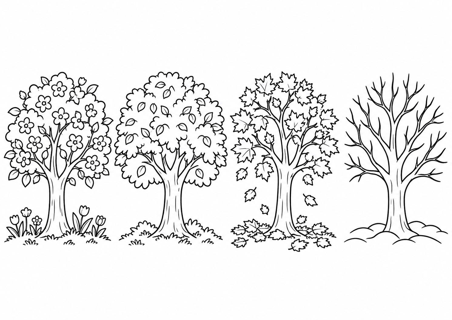 Quatro árvores nas estações do ano, desenho para colorir em A4 paisagem