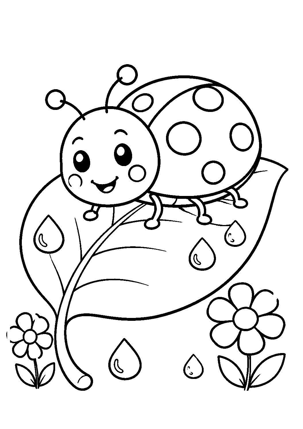 Joaninha sobre uma folha com gotas de água, desenho para colorir em A4 retrato