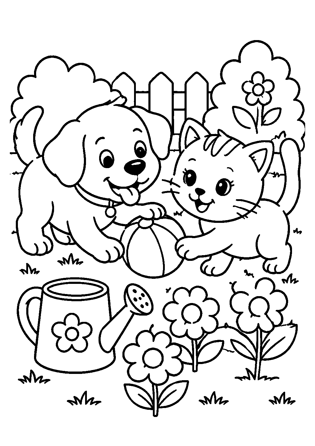 Cachorrinho e gatinho com bola no jardim, desenho para colorir em A4 retrato