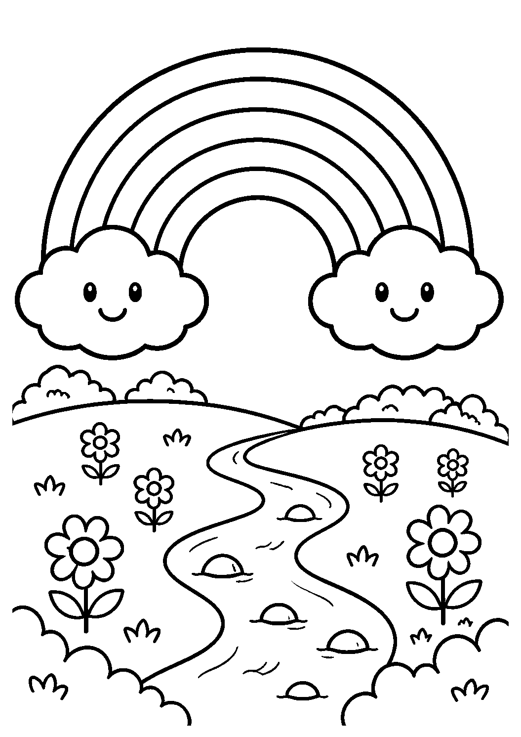 Arco-íris com nuvens sobre um riacho, desenho para colorir em A4 retrato