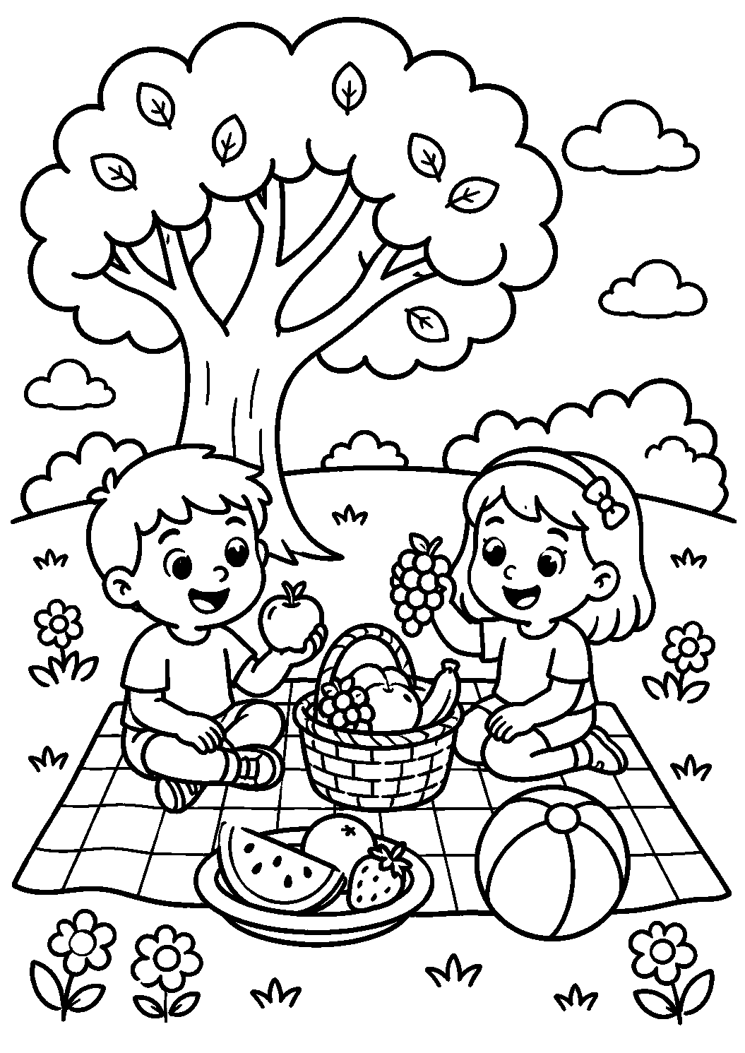 Crianças fazendo piquenique de frutas, desenho para colorir em A4 retrato