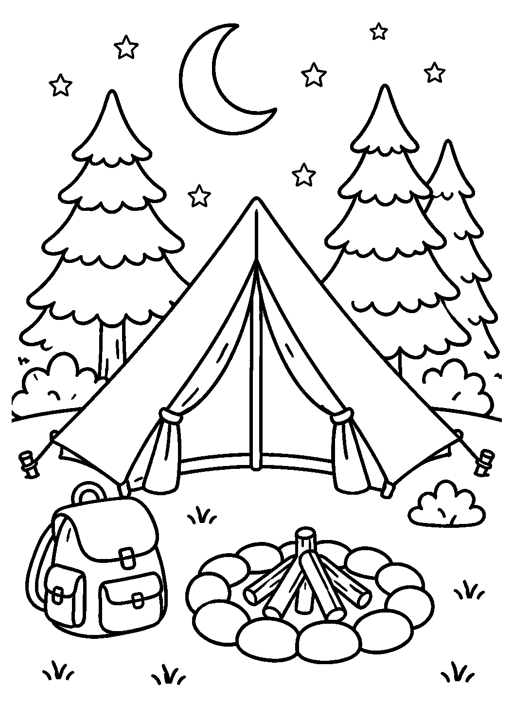 Barraca de acampamento sob a lua e as estrelas, desenho para colorir em A4 retrato