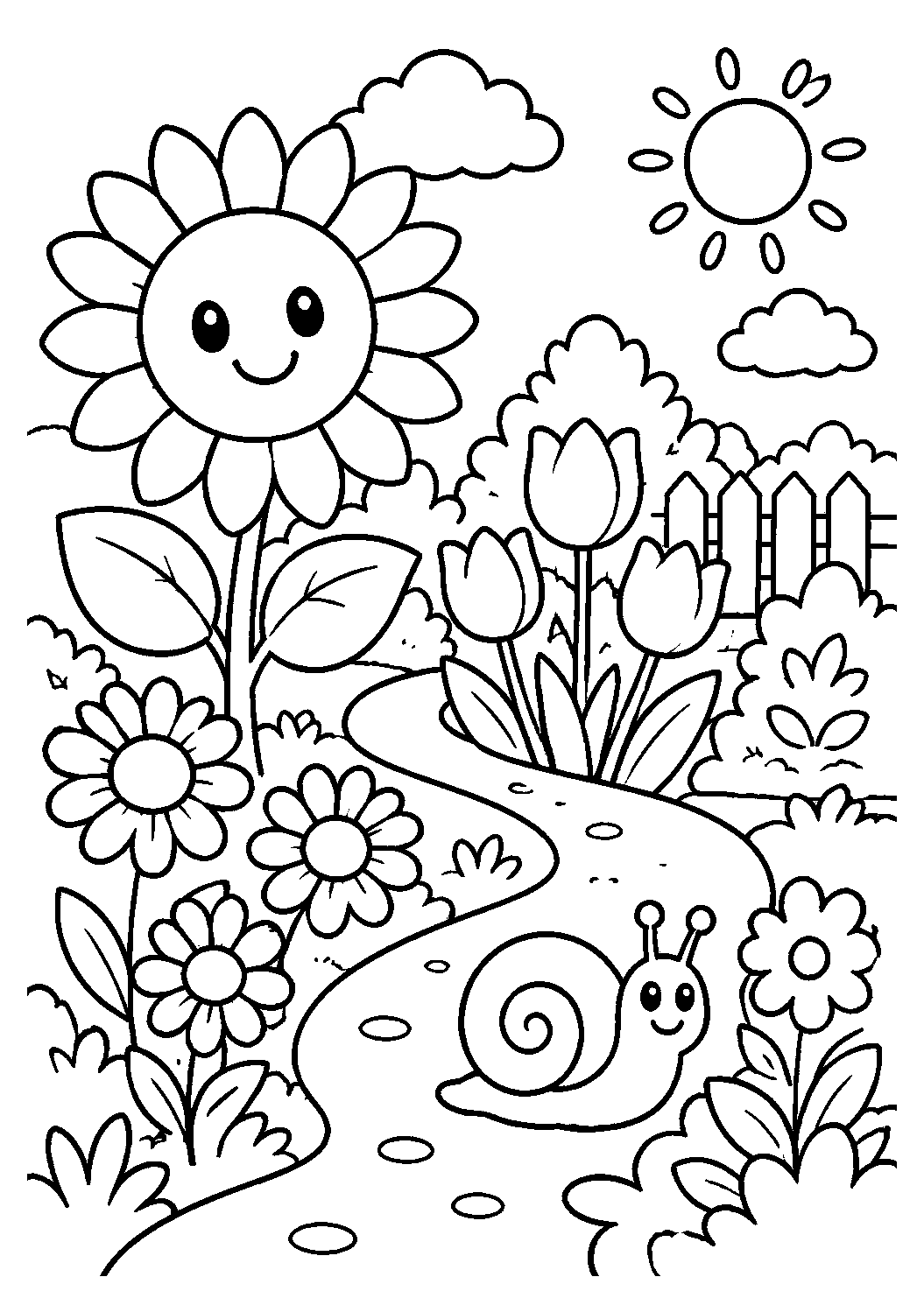 Girassol e caracol no jardim de flores, desenho para colorir em A4 retrato