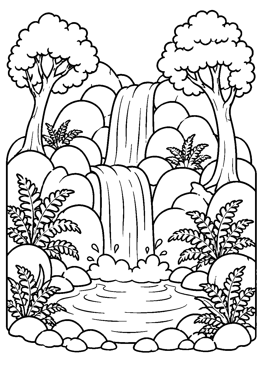 Cachoeira entre pedras e árvores, desenho para colorir em A4 retrato