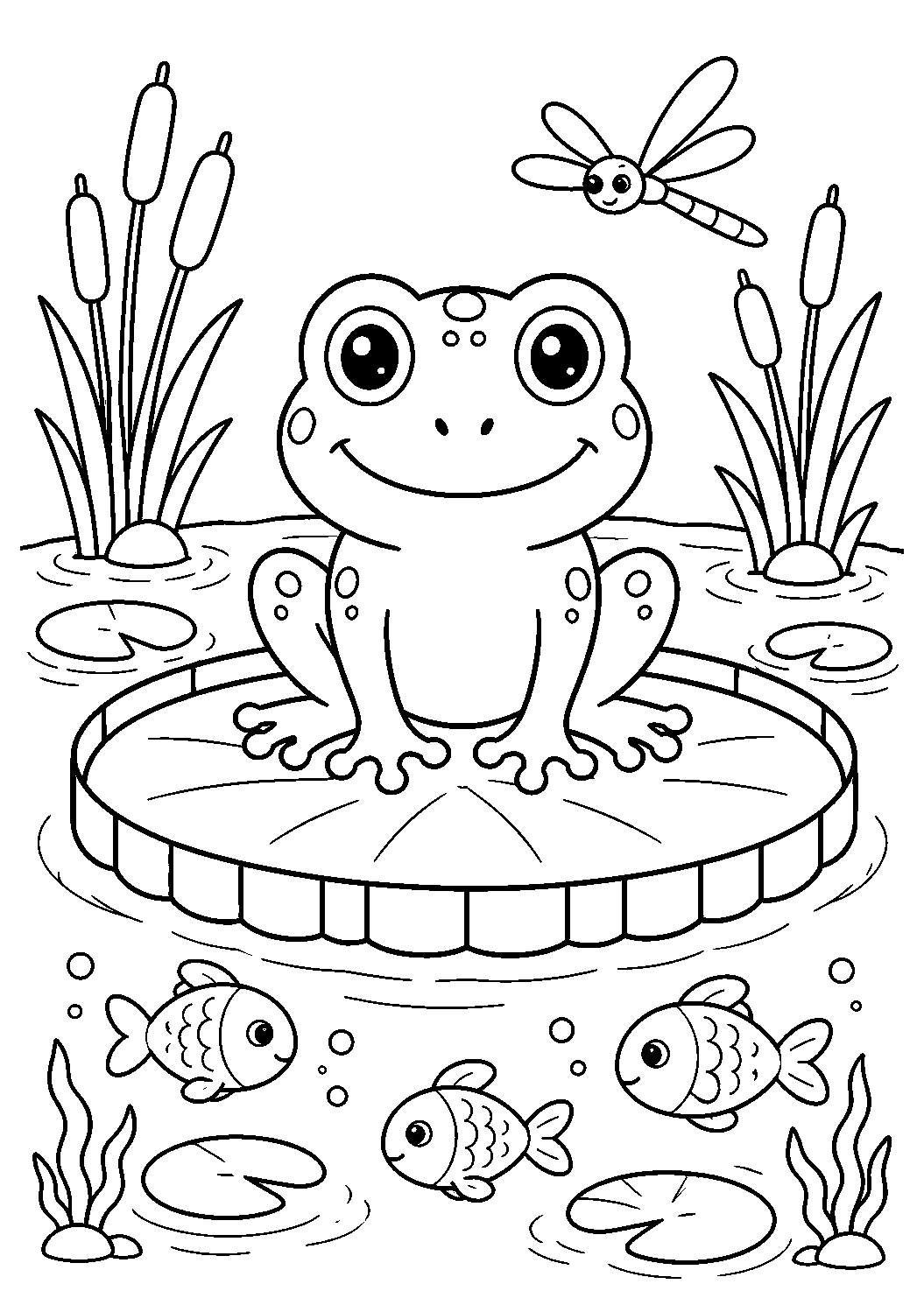 Sapo na vitória-régia com peixes no lago, desenho para colorir em A4 retrato