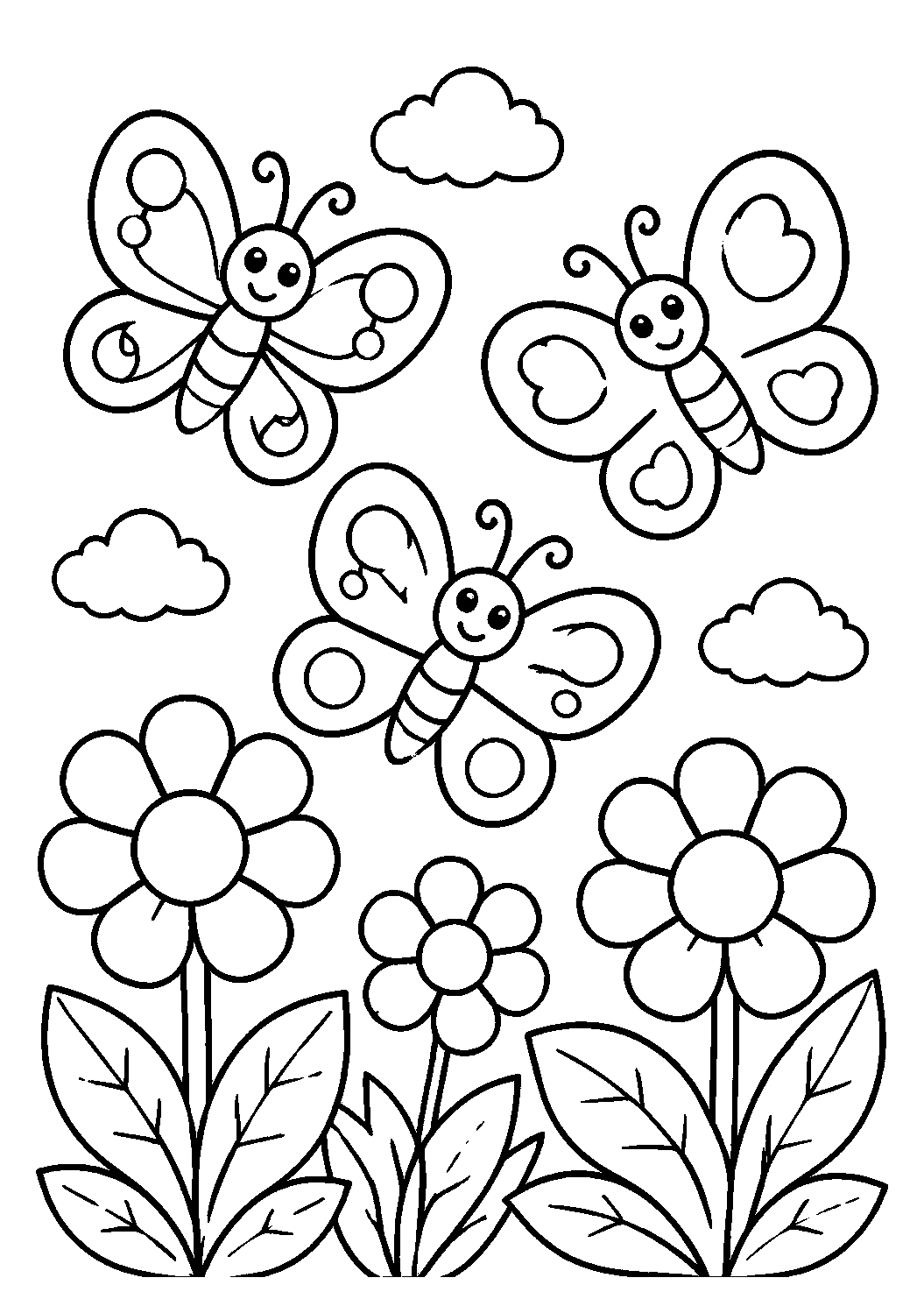 Borboletas voando sobre flores, desenho para colorir em A4 retrato