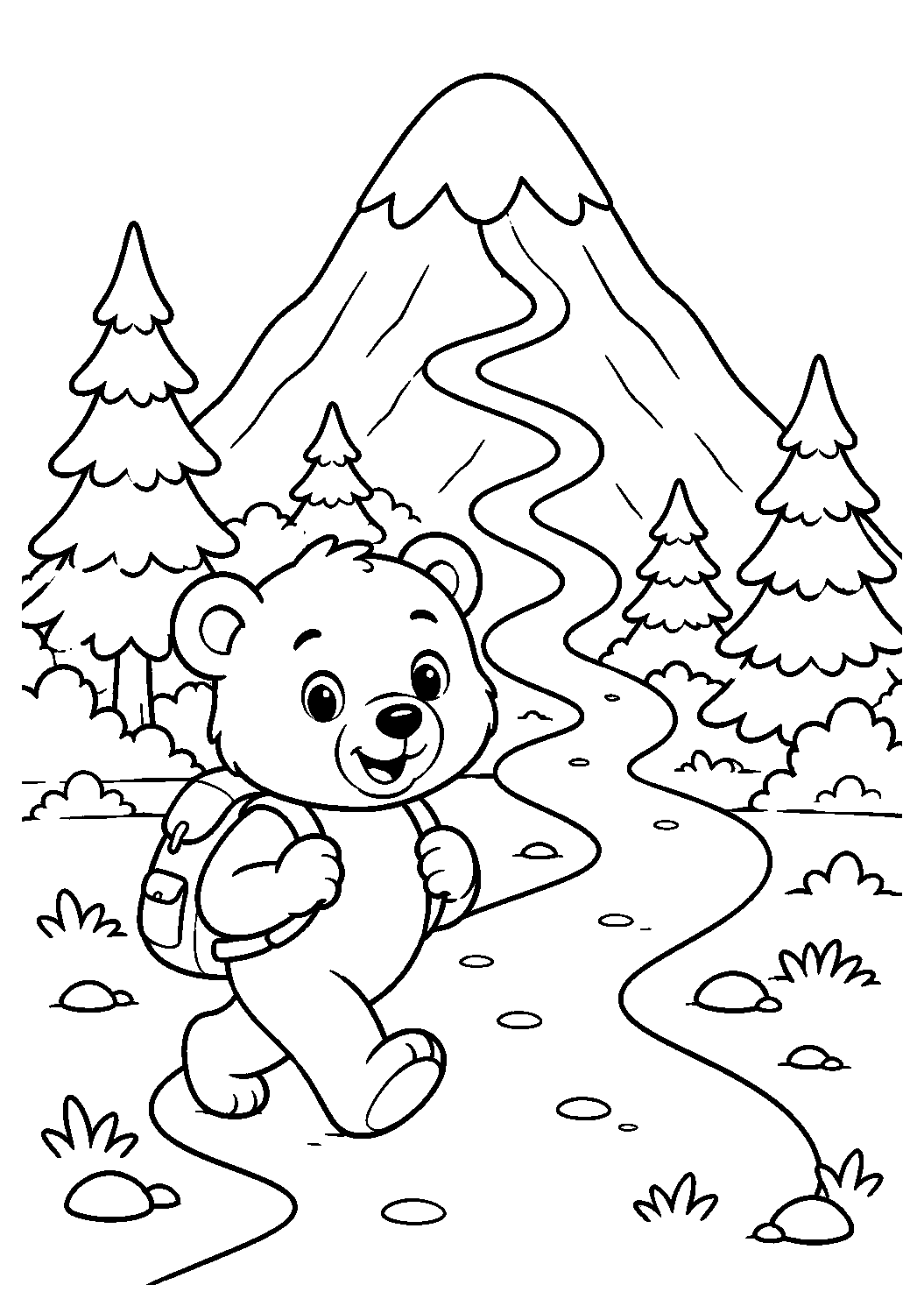Ursinho com mochila na trilha da montanha, desenho para colorir em A4 retrato