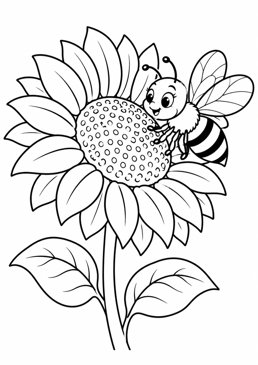 Girassol grande visitado por uma abelha simpática, desenho para colorir em A4 retrato