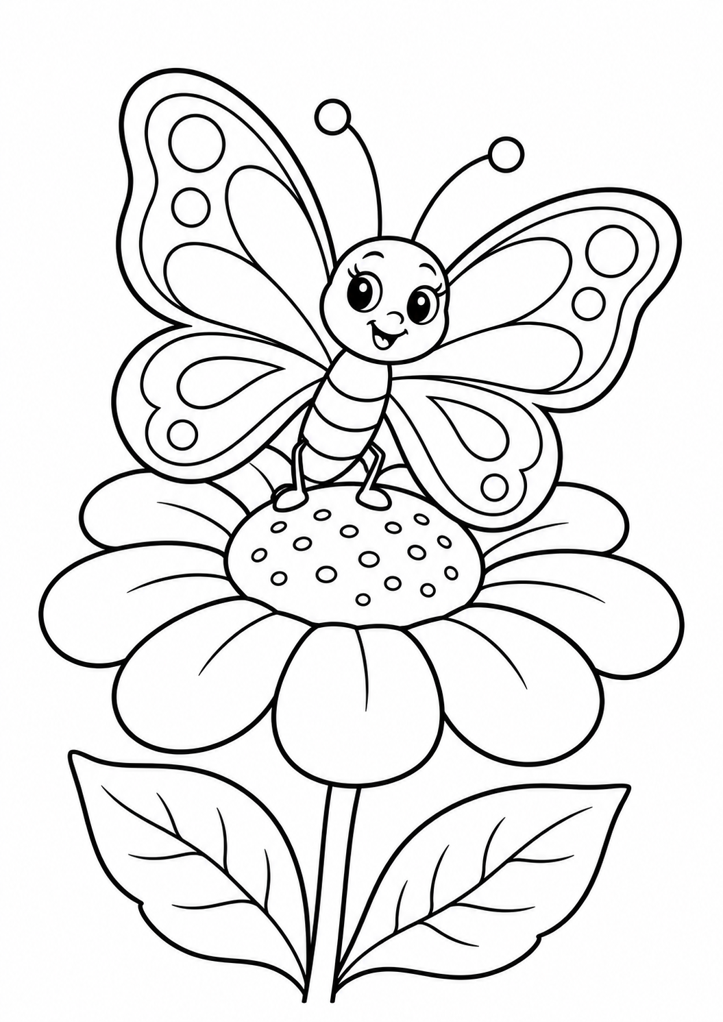 Borboleta sobre uma flor de pétalas arredondadas, desenho para colorir em A4 retrato