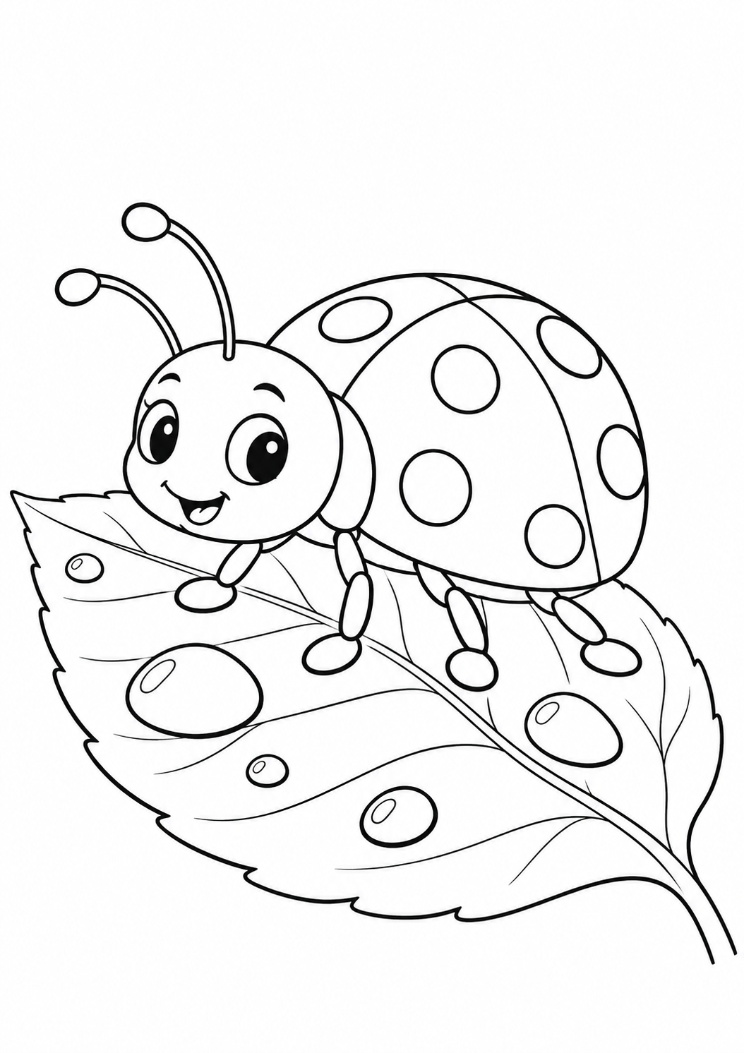 Joaninha caminhando numa folha com gotas, desenho para colorir em A4 retrato