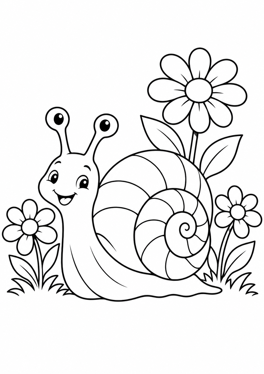 Caracol carregando uma concha espiral entre flores, desenho para colorir em A4 retrato