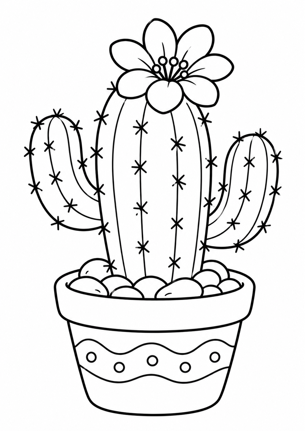Cacto num vaso com flor e pedrinhas, desenho para colorir em A4 retrato