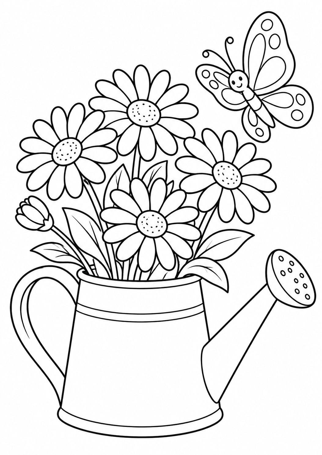 Regador cheio de margaridas e uma borboleta, desenho para colorir em A4 retrato