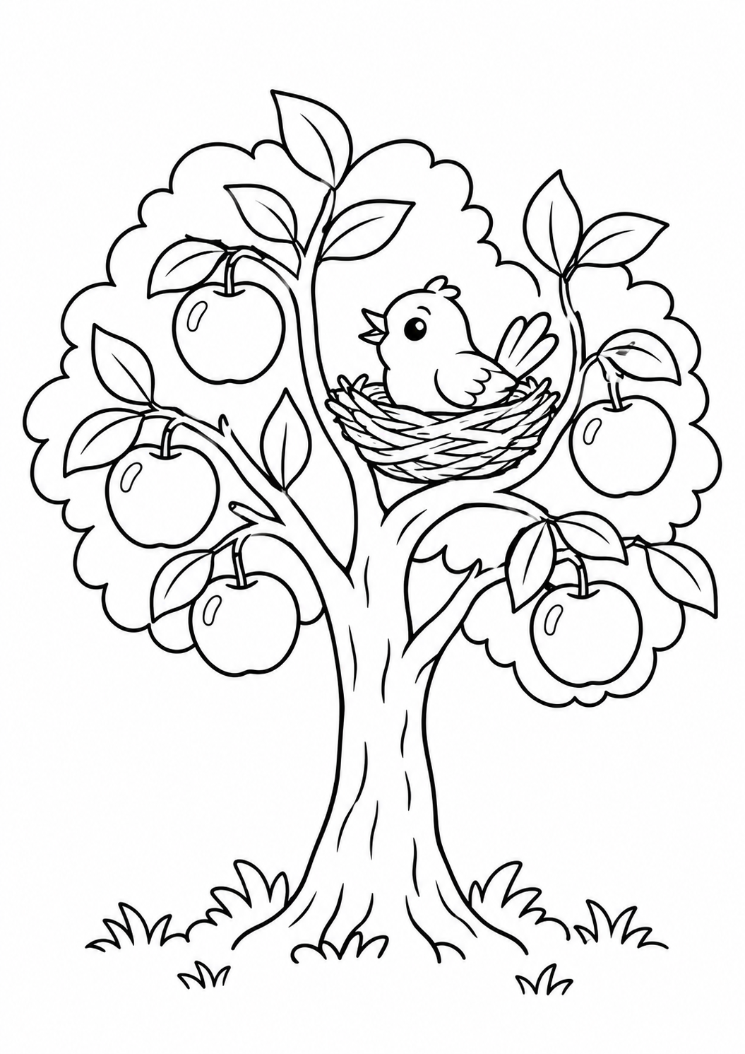 Árvore frutífera pequena com pássaro no ninho, desenho para colorir em A4 retrato