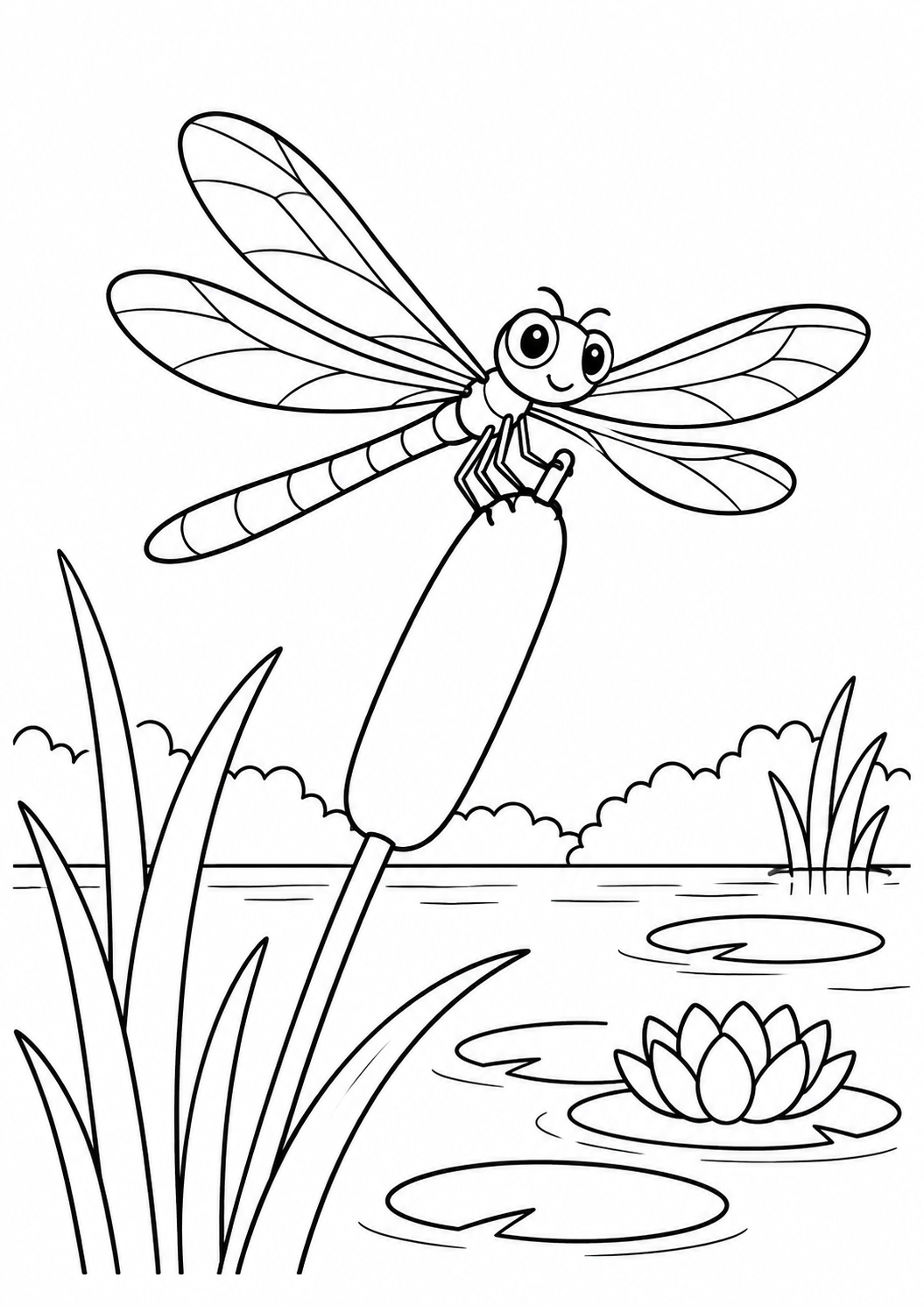 Libélula pousada numa taboa ao lado de um lago, desenho para colorir em A4 retrato