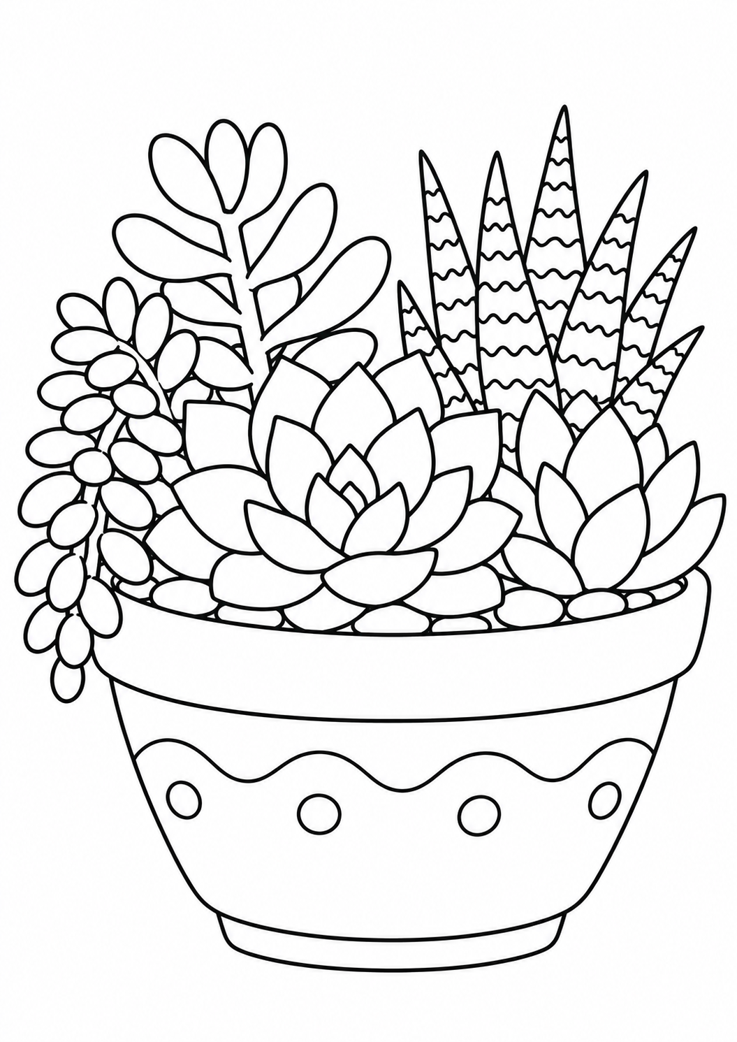 Vaso de suculentas variadas com formas simples, desenho para colorir em A4 retrato