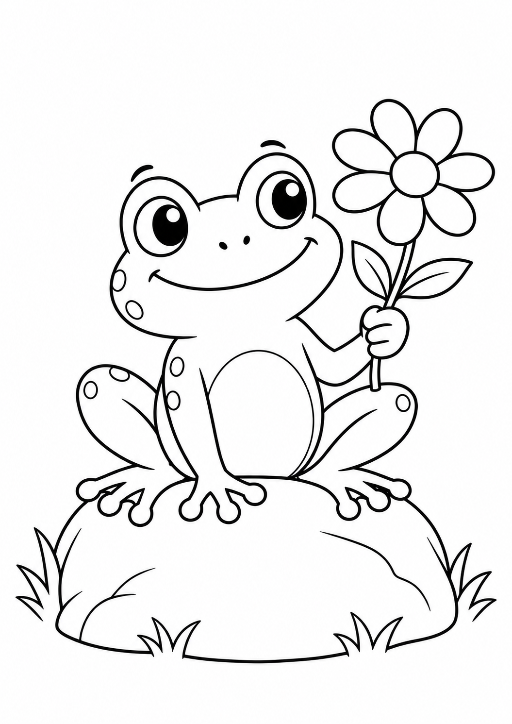 Sapo pequeno sentado numa pedra com uma flor, desenho para colorir em A4 retrato