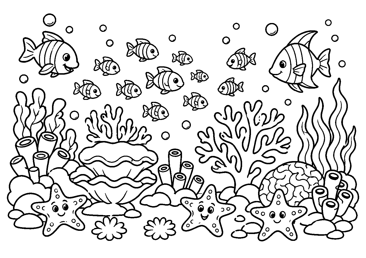 Cardume entre corais e estrelas-do-mar, desenho para colorir em A4 paisagem