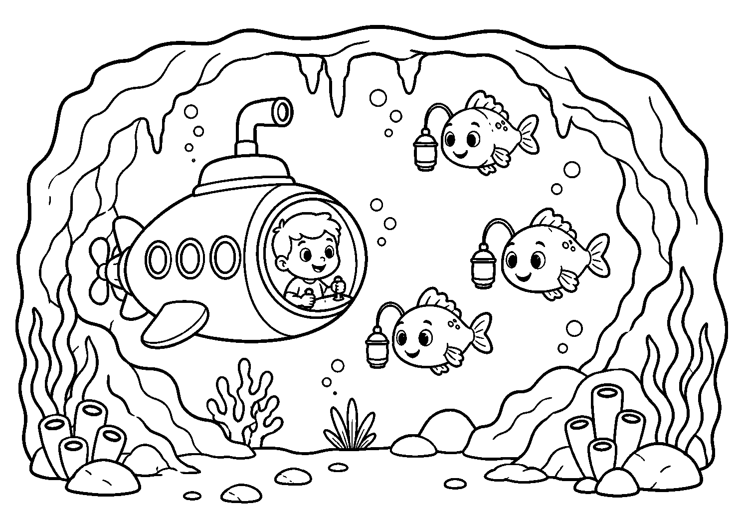 Submarino em uma caverna submarina, desenho para colorir em A4 paisagem
