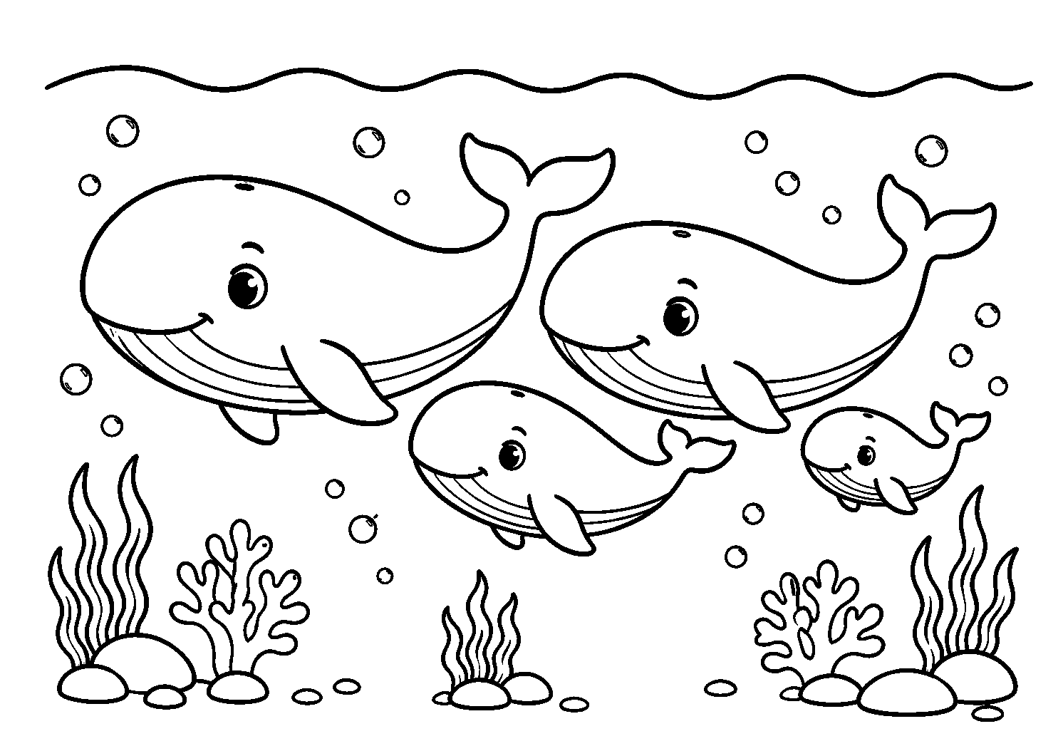 Baleias grandes e pequenas no mar, desenho para colorir em A4 paisagem
