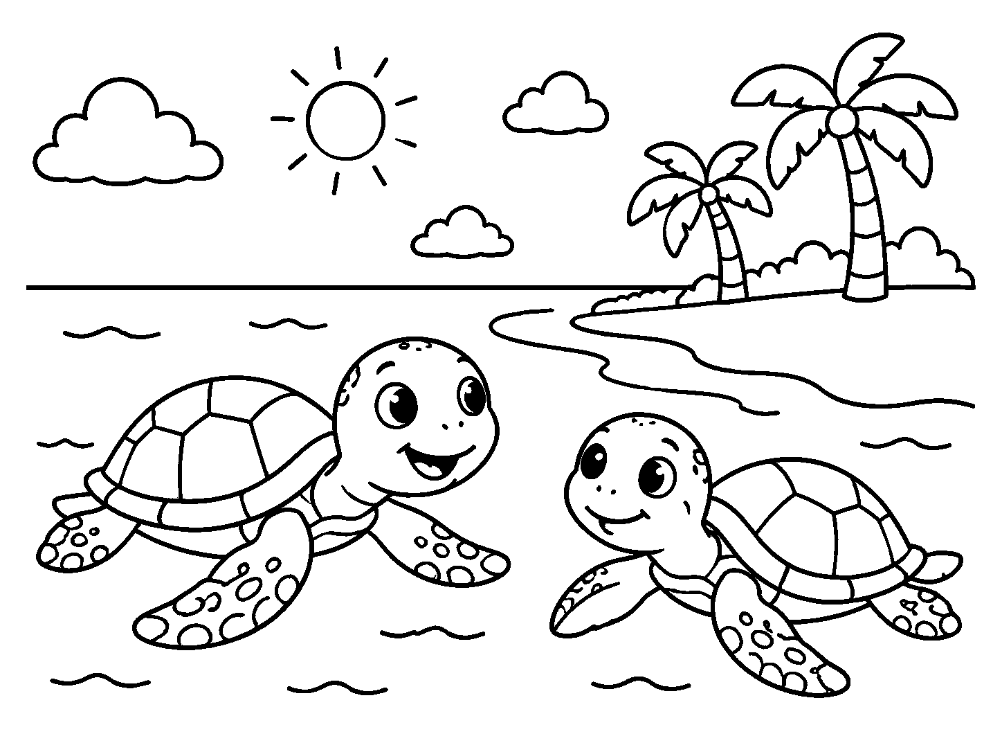 Tartarugas marinhas perto da praia, desenho para colorir em A4 paisagem