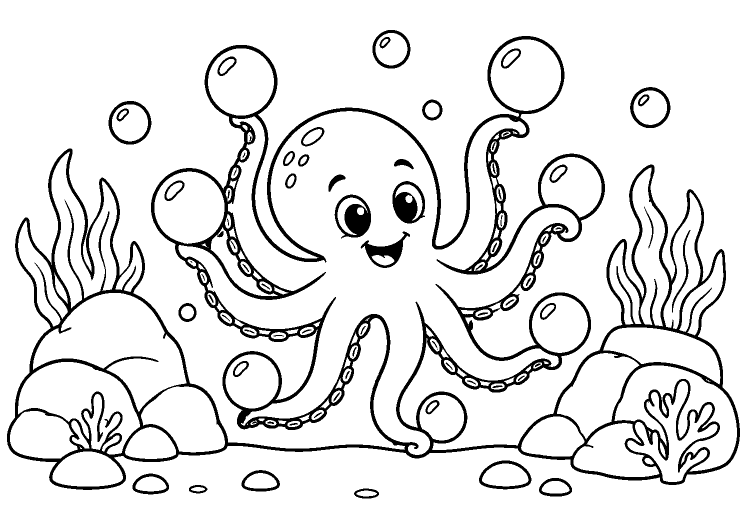 Polvo com bolhas nos tentáculos, desenho para colorir em A4 paisagem