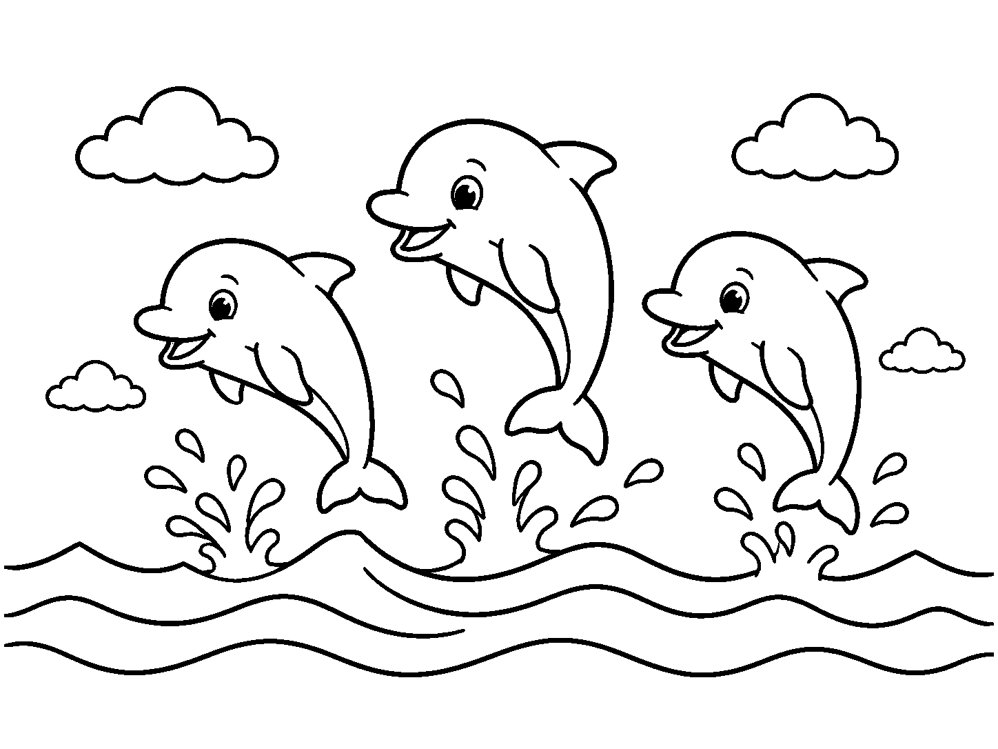 Três golfinhos saltando nas ondas, desenho para colorir em A4 paisagem