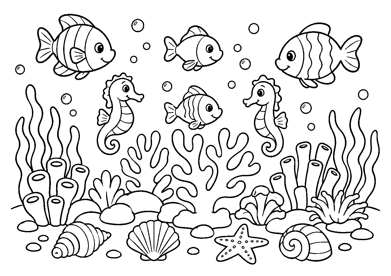 Cavalos-marinhos e peixes entre os corais, desenho para colorir em A4 paisagem