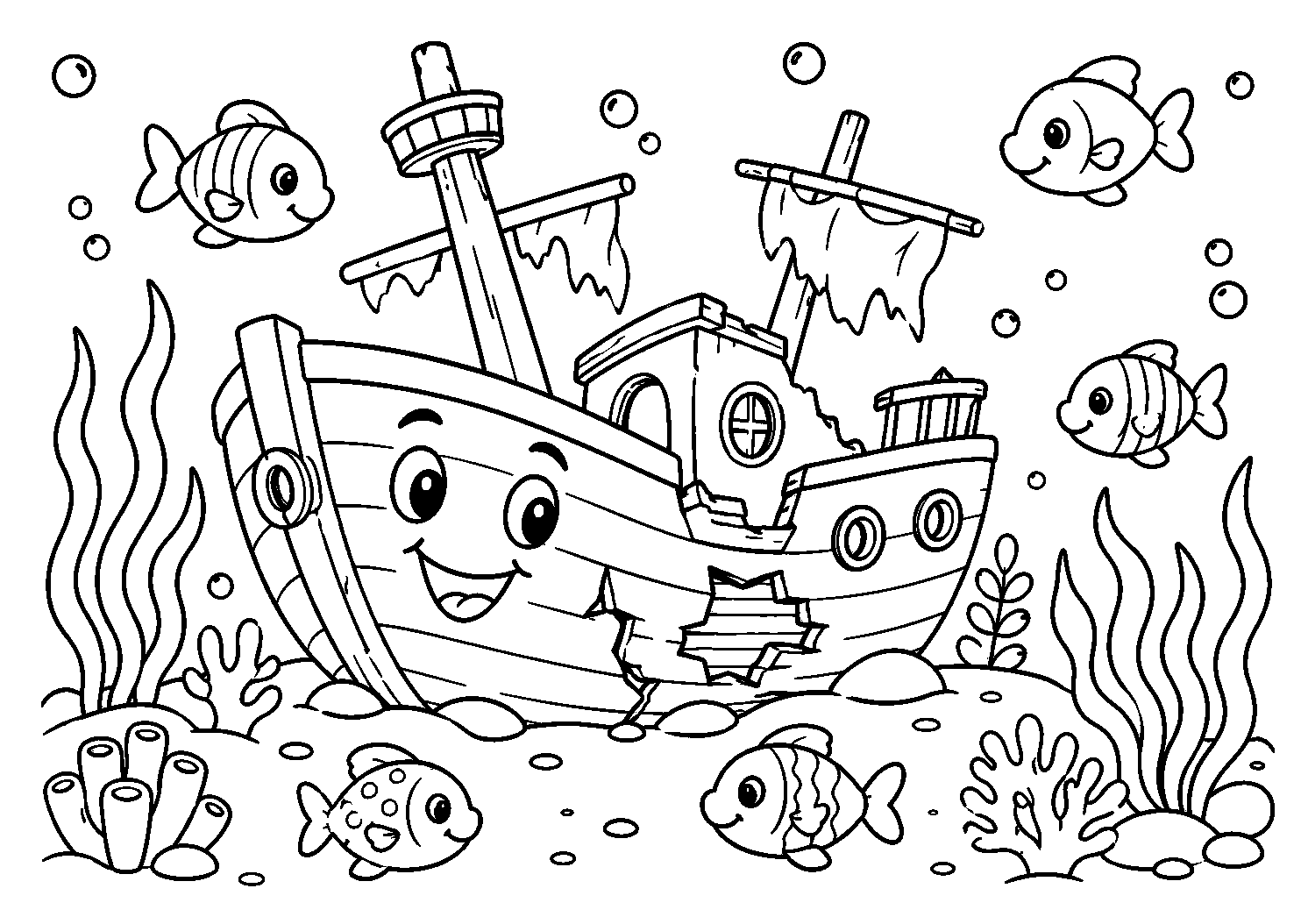 Navio naufragado rodeado de peixes, desenho para colorir em A4 paisagem