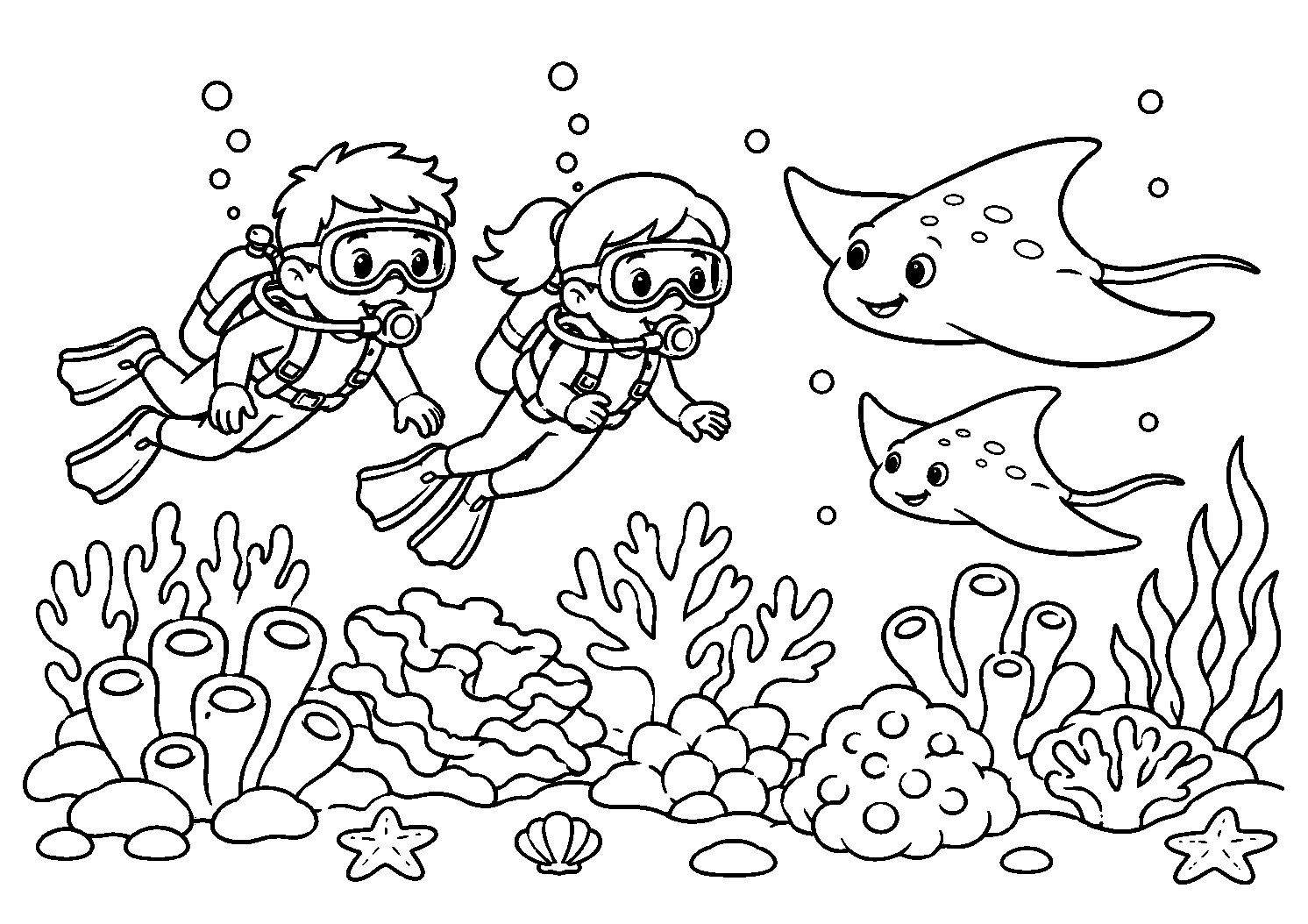 Mergulhadores com duas arraias, desenho para colorir em A4 paisagem