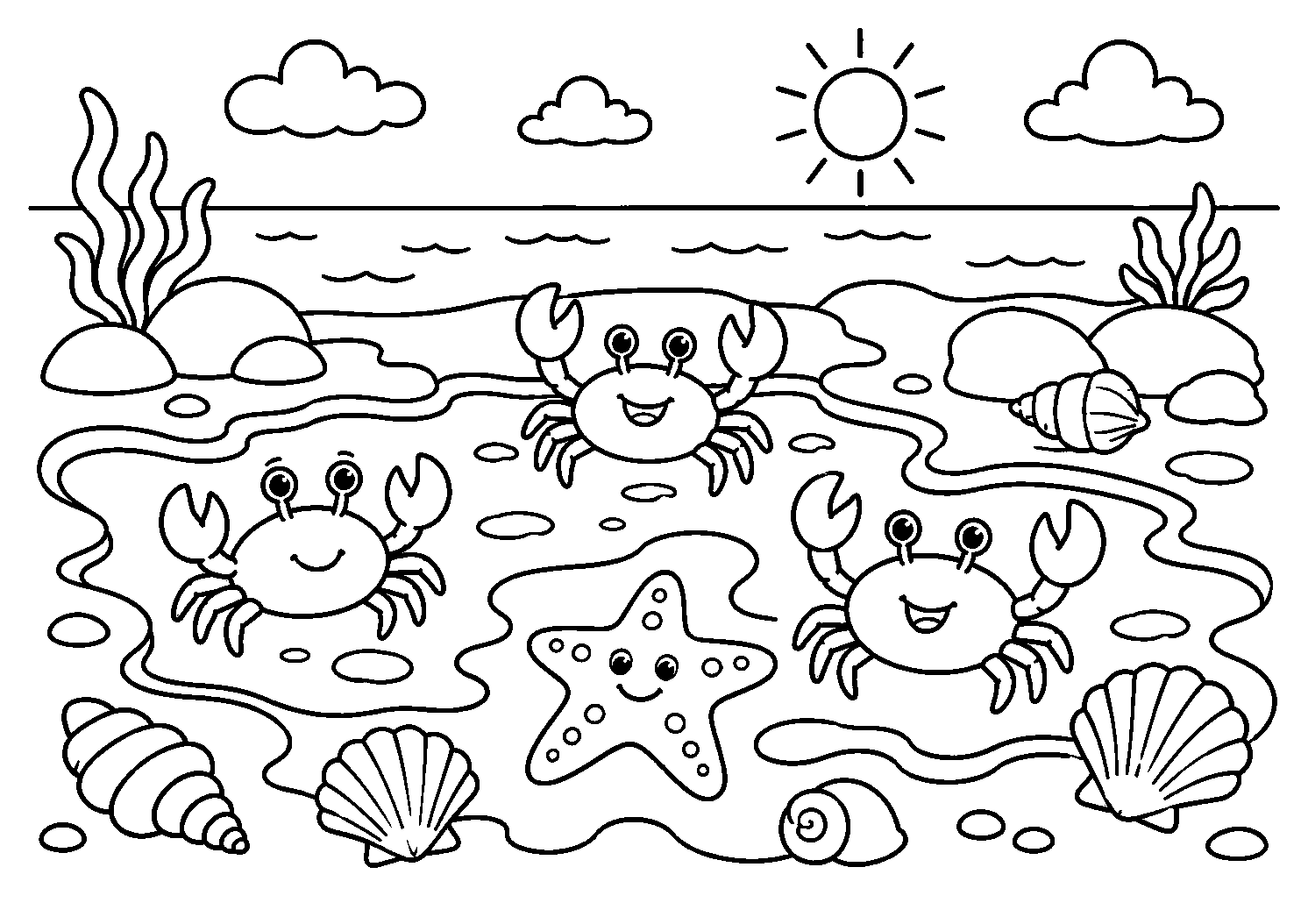 Caranguejos e conchas à beira-mar, desenho para colorir em A4 paisagem